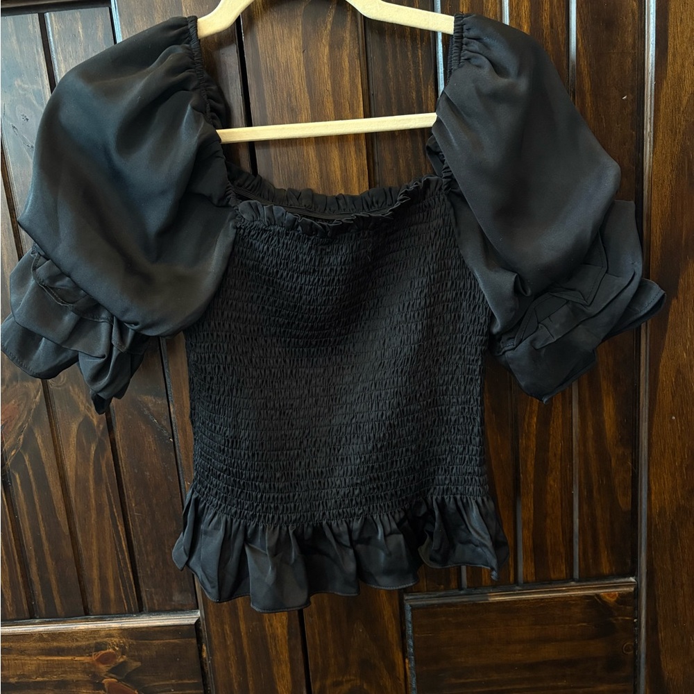 DO+BE Black Smocked Puff Sleeve Blouse
